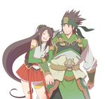  1girl ^_^ arm_hug bad_id bad_pixiv_id bell_o2 black_hair brother_and_sister closed_eyes flower grey_eyes guan_ping guan_yinping hair_flower hair_ornament long_hair open_mouth shin_sangoku_musou shin_sangoku_musou_7 siblings skirt smile 