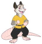  2017 alpha_channel ambiguous_gender anthro barefoot belt chibity claws clothed clothing fur long_tail mammal marsupial open_mouth open_smile opossum pink_ears scouter simple_background smile solo teeth toe_claws transparent_background virginia_opossum 