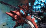  absurdres artist_name beam_rifle char&#039;s_counterattack char&#039;s_counterattack_-_beltorchika&#039;s_children character_name energy_gun english_commentary english_text exhaust glowing glowing_eye green_eyes gun gundam highres holding holding_gun holding_weapon light_particles mecha mobile_suit nightingale_(gundam) no_humans one-eyed robot science_fiction solo space tahta_lazuardy_benu thrusters weapon 