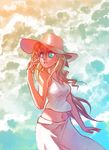  aqua_eyes blind blonde_hair bow breasts casual gradient hair_bow hat katawa_shoujo large_breasts long_hair long_skirt midriff navel rtil satou_lilly skirt solo sun_hat sunset 