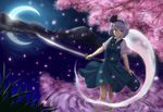  black_hairband blue_eyes bow cherry_blossoms crescent_moon dress hair_bow hairband hitodama katana konpaku_youmu konpaku_youmu_(ghost) mikemono_yuu moon mountain petals reflection short_hair silver_hair solo sword touhou wading water weapon 