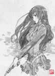  belt evangeline_yamamoto graphite_(medium) greyscale gun handgun long_hair mole monochrome saito_tsunenori skirt solo sunglasses traditional_media weapon zetsuen_no_tempest 