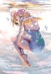  air_bubble angel_wings barefoot blonde_hair bubble from_behind green_eyes hagiwara_yukiho highres idolmaster idolmaster_(classic) leg_hug mini_wings short_hair solo underwater wings yae_(mono110) 