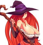  1girl bare_shoulders breasts chelo-stracks chelostracks cleavage detached_sleeves dragon&#039;s_crown dragon's_crown female hair_over_one_eye hat huge_breasts long_breasts long_hair red_eyes red_hair simple_background solo sorceress_(dragon&#039;s_crown) sorceress_(dragon's_crown) staff standing upper_body white_background witch_hat 