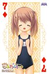  :d ^_^ arizuki_shiina brown_hair card card_(medium) child closed_eyes kud_wafter little_busters! long_hair na-ga one-piece_swimsuit open_mouth playing_card quad_tails scan school_swimsuit smile solo swimsuit 