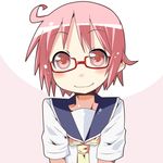  ahoge glasses miiyon nonohara_yuzuko pink_eyes pink_hair red-framed_eyewear school_uniform school_uniform_(yuyushiki) serafuku short_hair simple_background smile solo upper_body yuyushiki 