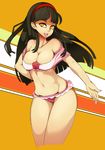  :p amagi_yukiko bare_shoulders bikini black_hair breasts cleavage collarbone dark_persona flower groin hairband lace lace-trimmed_bikini large_breasts long_hair looking_at_viewer navel open_mouth persona persona_4 red_flower red_rose rose slugbox solo swimsuit tongue tongue_out yellow_eyes 