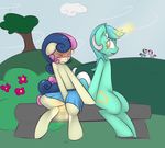  amber_eyes blush bonbon_(mlp) clothing cutie_mark equine eyes_closed female feral friendship_is_magic group hair horn horse kryptchild lyra_(mlp) lyra_heartstrings_(mlp) magic mammal masturbation my_little_pony outside pony public pussy_juice sitting skirt smile two_tone_hair unicorn 