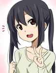  black_hair blush ikari_manatsu k-on! long_hair nakano_azusa smile solo twintails v 