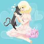  ao_no_exorcist bad_id bad_pixiv_id bare_legs barefoot blonde_hair blush bob_cut cat dress feet kuro_(ao_no_exorcist) lowres mephisto_pheles moriyama_shiemi phoatoro smile strap_slip sundress 