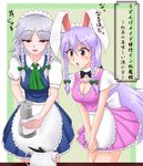  :o alternate_costume alternate_hairstyle animal_ears apron ascot blue_eyes border bow braid breasts bunny_ears choker cleavage_cutout collarbone commentary enmaided eyelashes green_background hair_bow hands_together izayoi_sakuya lavender_hair long_hair maid maid_headdress medium_breasts multiple_girls open_mouth ponytail red_eyes reisen_udongein_inaba short_hair short_sleeves silver_hair simple_background skirt skirt_set sweatdrop tamafuru teapot touhou towel translated twin_braids v_arms waist_apron 