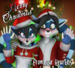 anthro blue_body blue_fur blush brother_(lore) brother_and_sister_(lore) christmas christmas_card christmas_clothing christmas_headwear christmas_lights christmas_tree clothing costume crop_top duo felix_(striped_sins) female fur gesture hat headgear headwear holidays looking_at_viewer male mammal markings merry_christmas offscreen_ambiguous orange_eyes plant procyonid purple_eyes raccoon ryder_(striped_sins) santa_coat santa_costume santa_hat sheepish_grin shirt sibling_(lore) sister_(lore) smile striped_markings striped_sins striped_tail stripes tail tail_markings topwear tree twins_(lore) waving waving_at_viewer