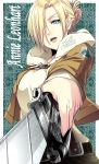  1girl annie_leonhardt belt blonde_hair blue_eyes character_name folded_ponytail hair_over_eyes highres hood hoodie jacket long_sleeves military military_uniform open_mouth remon17717 shingeki_no_kyojin signature solo sword uniform weapon 