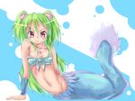  green_hair highres jewelry kanwa long_hair lying mermaid midriff monster_girl muromi-san namiuchigiwa_no_muromi-san necklace open_mouth red_eyes scales seashell shell smile solo twintails two_side_up 