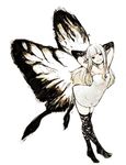 aerie_(bravely_default) antennae armpits arms_up bad_id bad_pixiv_id black_legwear bravely_default:_flying_fairy bravely_default_(series) butterfly_wings dress elbow_gloves fairy gloves grin leaning_forward long_hair pointy_ears smile solo strapless strapless_dress thighhighs white_hair wings yo_mo 