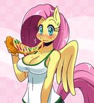  anthrofied blush cleavage clothed clothing eating equine female fluttershy_(mlp) food friendship_is_magic green_eyes hair horse mammal my_little_pony pegasus pink_hair pizza pony shirt sssonic2 suggestive wings 