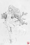  barefoot closed_eyes dress graphite_(medium) greyscale long_hair mishima_reika monochrome neck_ribbon rahxephon ribbon ripples saito_tsunenori solo traditional_media wind 