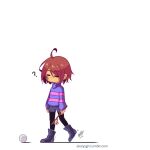  1boy 1other ? ahoge animated animated_gif arms_at_sides astigmatism_(undertale) ball bandaid bandaid_on_cheek bandaid_on_face black_pantyhose bob_cut boots brown_hair closed_eyes commentary dogamy english_commentary flower frisk_(undertale) full_body grey_shorts heart holding holding_stick no_mouth outline pantyhose pink_sweater purple_footwear purple_sweater sandragh short_shorts shorts signature simple_background snowdrake&#039;s_mother solo_focus standing stick sweater turtleneck turtleneck_sweater two-tone_sweater undertale w.d._gaster web_address white_outline 