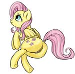  blue_eyes butt cutie_mark equine female feral fluttershy_(mlp) friendship_is_magic fur hair horse jjcomic long_hair looking_up mammal my_little_pony nude pegasus pink_hair plain_background pony pussy smile solo white_background wings yellow_fur 