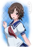  blush brown_eyes brown_hair butcha-u fence hair_ornament hairpin masaki_nonoka open_mouth photokano puffy_sleeves short_hair short_sleeves solo translated 