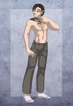  abstract_background brown_eyes brown_hair canine clothing collar hair human male mammal pants sabretoothed_ermine socks solo topless transformation wolf 