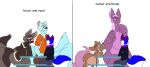 absurd_res anthro bench binturong bloop_(tacokurt) blue_body blue_fur bog_leech_(species) bogroo bottomless bottomwear brown_body brown_fur bryce_(caudle) canid canine canis clothed clothing clouded_leopard coat digital_media_(artwork) dreadlocks elbows_on_table eyewear eyewear_on_head felid fur gastropod goggles goggles_on_head group hair hi_res hybrid jayme_universe kangaroo latex latex_creature leopard living_latex long_tail macropod male male/male mammal marsupial mollusk monster murid murine nude nzuri_(caudle) octoroo pantherine popeye_arms pouch_(anatomy) purple_body purple_eyes purple_hair rat rodent shirt simple_background sitting size_difference smile t-shirt tail text thick_tail topwear trio viverrid wolf zucker_(sheeptastic) 
