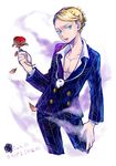  blonde_hair blue_eyes flower formal jojo_no_kimyou_na_bouken male_focus prosciutto red_flower red_rose rose s-12pot smoke solo suit 