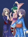  ahoge arm_up bad_id bad_pixiv_id black_eyes black_hair blue_eyes closed_eyes extra floral_print green_hair grey_hair grin hands_together hopeless_masquerade irebun japanese_clothes kimono multiple_girls obi sash sleeves_past_wrists smile touhou 