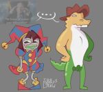 alligator alligatorid anthro bite_mark black_eyes blue_clothing blue_footwear blue_gloves blue_handwear blue_shoes blush brown_clothing brown_hair brown_hat brown_headwear candy clothing cowboy_hat crocodilian dessert drawchills duo ellipsis empty_eyes fangs female food food_creature fool's_hat footwear front_view glitch_productions gloves green_body grey_background gummigoo_(tadc) hair hand_on_hip handwear hat headgear headwear hi_res human humanoid jester_outfit living_candy male mammal pomni_(tadc) red_clothing red_footwear red_gloves red_handwear red_shoes reptile scalie shoes simple_background speech_bubble teeth the_amazing_digital_circus white_body white_eyes yellow_body yoshi_and_toad_kissing