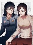  2girls absurdres angela_orosco anya_(mouthwashing) aqua_eyes bags_under_eyes black_hair blue_jumpsuit breasts brown_pants crossover fireicers hand_on_another's_shoulder highres jumpsuit medium_breasts mouthwashing multiple_girls pants shirt short_hair silent_hill_(series) silent_hill_1 striped_clothes striped_shirt trait_connection turtleneck turtleneck_shirt 