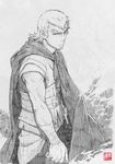  cape graphite_(medium) greyscale male_focus monochrome rarou saito_tsunenori solo stranger_mukou_hadan sword traditional_media weapon 