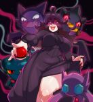  1girl ahoge alternate_breast_size banette dress haunter hex_maniac_(pokemon) holding holding_poke_ball looking_at_viewer misdreavus nail_polish open_mouth poke_ball poke_ball_(basic) pokemon pokemon_(creature) pokemon_xy purple_dress purple_eyes purple_hair purple_nails sableye signature skirt_hold vero 