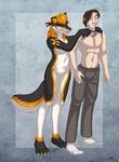  abstract_background anthro blue_eyes brown_hair canine clothing collar duo eyes_closed female hair human male mammal multi-colored_hair nude pants sabretoothed_ermine socks topless two_tone_hair wolf 