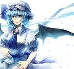  ascot bat_wings blue_hair brooch fuuna_(conclusion) hat hat_ribbon highres jewelry puffy_sleeves red_eyes remilia_scarlet ribbon shirt short_sleeves skirt skirt_set solo touhou wings 
