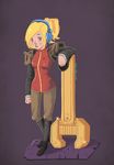  armor blonde_hair blush breasts brown_eyes estampita full-length_zipper headphones huge_weapon lipstick makeup pants pauldrons robin_(the_iconoclasts) simple_background solo the_iconoclasts weapon wrench zipper 