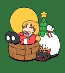  1boy 1girl absurdres antlers arawi_keiichi black_cat black_footwear blonde_hair boots cake cat chimney christmas_tree contrast_collar eating food food_on_face green_background highres horns mittens professor_shinonome red_nose red_scarf reindeer_antlers sakamoto_(nichijou) santa_costume scarf simple_background 