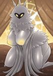 absurd_res anikikiart anthro areola arthropod big_breasts breasts empty_eyes female front_view fur grey_body grey_fur grey_tentacles halo hi_res hollow_knight huge_breasts insect inverted_nipples kneeling lepidopteran looking_at_viewer moth nipples nude radiance_(hollow_knight) solo team_cherry tentacles thick_thighs wide_hips yellow_areola yellow_eyes yellow_nipples