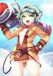  :d bazooka belt breasts brown_panties christinya cloud day gloves goggles goggles_on_head green_eyes green_hair gun hand_on_hip highres league_of_legends looking_at_viewer no_bra open_clothes open_mouth open_shirt panties pointy_ears shirt short_hair sky small_breasts smile solo tristana underwear weapon yellow_panties yordle 