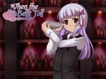  bartender bottle bow brown_eyes ghettoyouth hair_bow kagra_frederique long_hair purple_hair smile solo when_the_bells_toll 