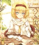  alice_margatroid bangs blonde_hair brick_wall bulletin_board capelet cuff_links flower flower_pot green_eyes hanging_plant head_rest headband holding_hands kyuumoto_kuku letter looking_at_viewer necktie out_of_frame photo_(object) pin plant postcard pov pov_hands short_hair solo_focus touhou vines window 