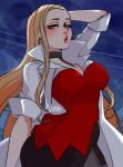  1girl arm_behind_head blonde_hair breasts cleavage coat earrings green_eyes jewelry long_hair looking_at_viewer oleana_(pokemon) pokemon pokemon_swsh red_lips signature solo vero white_coat 
