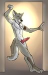  animal_genitalia anthro balls canine canine_penis coyote doorway erection feather fur grey_fur knot looking_at_viewer male mammal necklace nude penis solo standing vein 