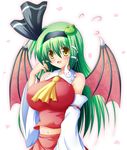  ^_^ ascot bat_wings blush breasts closed_eyes commentary_request cosplay detached_sleeves fang frog_hair_ornament green_hair hair_ornament hair_ribbon hairband hakurei_reimu hakurei_reimu_(cosplay) huge_breasts kochiya_sanae long_hair midriff navel open_mouth osashin_(osada) ribbon snake_hair_ornament solo touhou wings yellow_eyes 