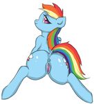  butt equine female friendship_is_magic horse jjcomic looking_at_viewer looking_back lying mammal my_little_pony nude on_front plain_background pony presenting presenting_hindquarters presenting_pussy pussy rainbow_dash_(mlp) solo spread_legs spreading white_background 