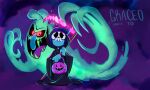  1boy 1girl artist_name commentary cosplay death_(entity) english_commentary ghost graceoartyo grim_reaper grim_reaper_(cosplay) halloween highres holding holding_pumpkin holding_scythe mask molly_mcgee pumpkin scratch_(the_ghost_and_molly_mcgee) scythe short_hair the_ghost_and_molly_mcgee toon_(style) 