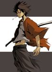  1boy black_hair drinking_straw irving-zero japanese_clothes katana male male_focus midriff mouth_hold mugen samurai_champloo short_hair solo straw sword weapon 