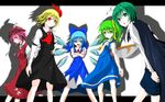  :d :o androgynous animal_ears antennae arm_garter arms_behind_back ascot blonde_hair blue_dress blue_eyes blue_hair bow cape cirno crossed_arms daiyousei dress dress_shirt fairy_wings feathers frills green_eyes green_hair hair_bow hand_on_hip hand_on_own_chest highres letterboxed light_smile long_sleeves looking_at_viewer low_wings multiple_girls mystia_lorelei open_mouth pink_eyes pink_hair profile red_dress red_eyes rumia s-ghost shadow shirt short_hair short_sleeves side_ponytail simple_background skirt skirt_set smile team_9 touhou v-shaped_eyebrows vest white_background white_shirt winged_hat wings wriggle_nightbug 