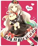  axe blonde_hair bow character_name doll dress elbow_gloves gloves hair_ornament kneehighs lolita_fashion long_hair looking_at_viewer mayu_(vocaloid) piano_print smile solo stuffed_animal stuffed_bunny stuffed_toy usano_mimi vocaloid waltz_(tram) weapon yellow_eyes 