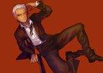  archer dark_skin dark_skinned_male fate/stay_night fate_(series) formal furon_(froon) grey_eyes gun hair_slicked_back lying male_focus on_side red_background solo suit weapon white_hair 