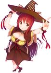 breasts brown_eyes character_request cleavage from_above hat large_breasts long_hair original pointing pointing_up red_hair simple_background siva_(executor) smile solo white_background witch_hat 
